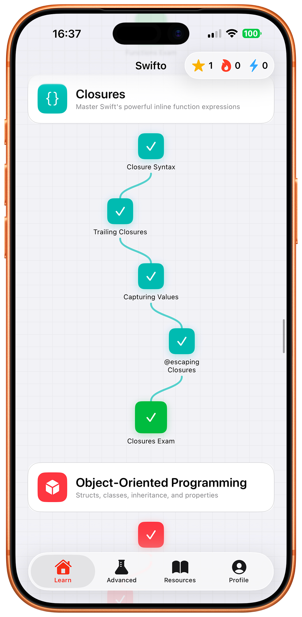 Swifto learning path showing Closures unit with completed lessons