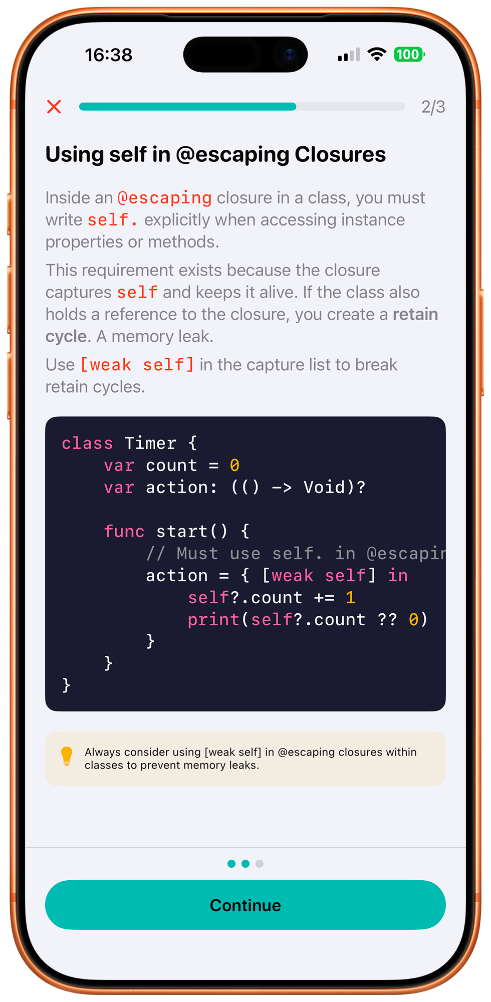 Swifto lesson teaching @escaping closures with code examples